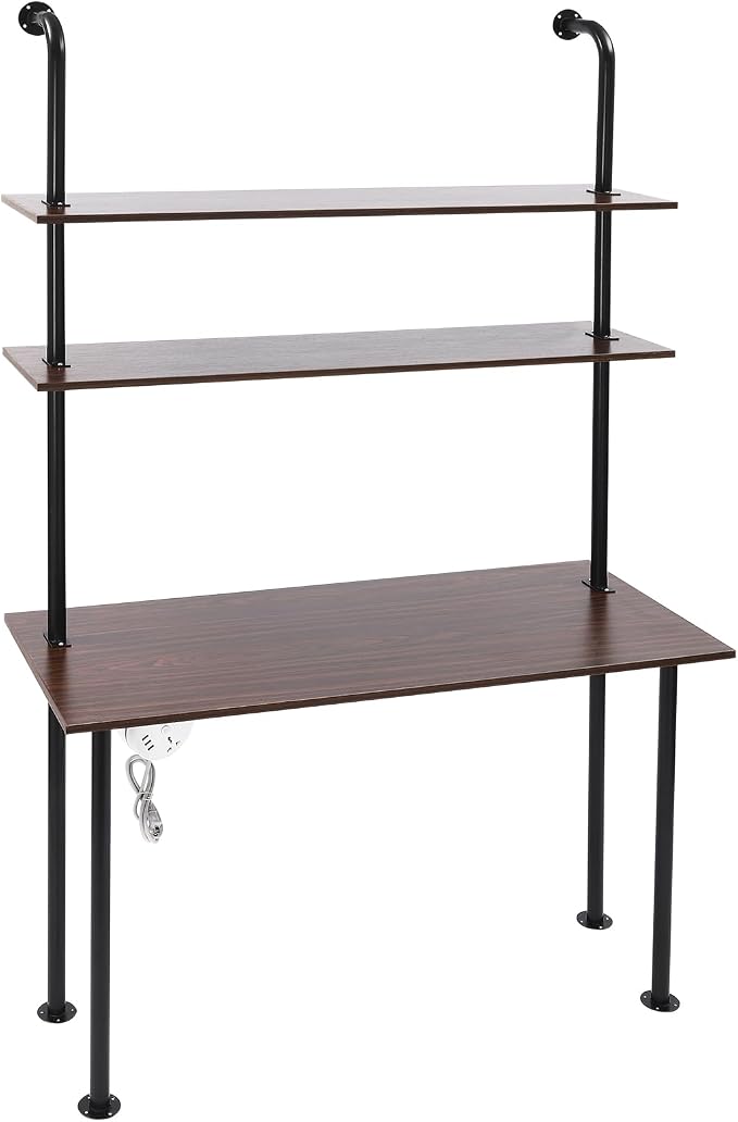 Industrial Wall Mount Desk with Shelves, 3-Shelf Ladder Desk, Computer Writing Table for Small Spaces, Black and Brown Modern Narrow Floating Table with Storage (20" Dx47.2 Wx79 H)