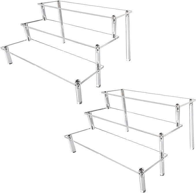 AZEAM Acrylic Display Riser, Clear Perfume Organizer, 3 Tier Cupcake Stand | Acrylic Shelves for Amiibo Funko POP Figures, Shelf Risers for Makeup and Cosmetic, Riser Stand for Vendor Collector, 2 Pack