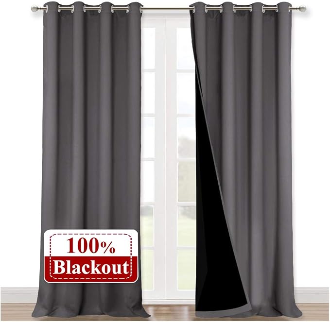 NICETOWN 100% Blackout Blinds, Set of 2, 52 inches x 102 inches, Laundry Room Decor Window Treatment Curtains for Large Patio Sliding Door, Thermal Insulated Grey Curtains for Bedroom