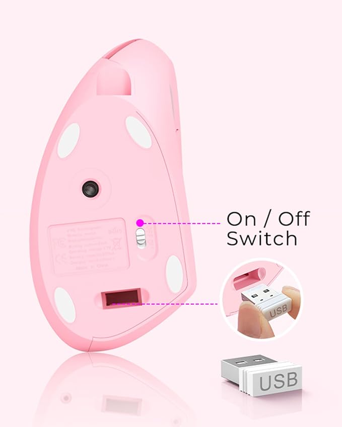 Lekvey Ergonomic Mouse, Vertical Wireless Mouse, Rechargeable 2.4 GHz USB Optical Carpal Tunnel Mice : 800/1200 / 1600 DPI, 6 Buttons, for Laptop, PC, Mac, Computer, Desktop, Notebook etc, Pink