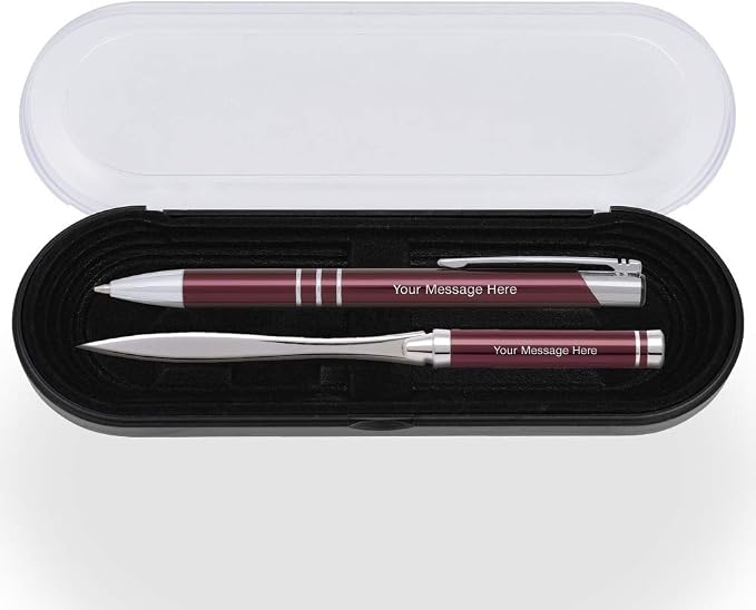 2 Custom Laser-Engraved Ballpoint Pen & Letter Slitter Gift Sets. Includes Case. Red Product Color with Silver Accents. Black Ink