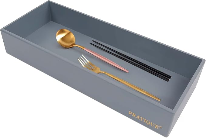 PRATIQUE Bamboo Drawer Organizer - Kitchen Utensil Organizer Silverware Tray Cutlery Holder，Office Desk Supplies and Accessories,15 * 5.9 * 2.6,Grey