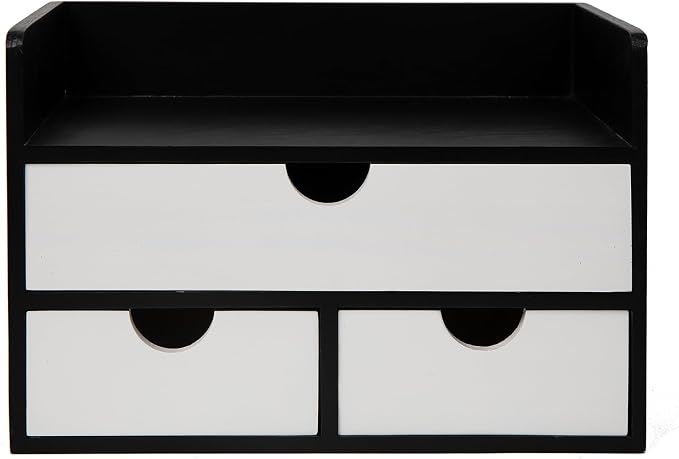 Rustic Wood Desk Organizer with Drawers,3-Drawer Desktop Storage Box | Two-Tone Black & White‌ 3 Drawers Shelf Pens, Notes, Makeup, Jewelry & Toiletries for Office, Bath Vanity Office Supplies