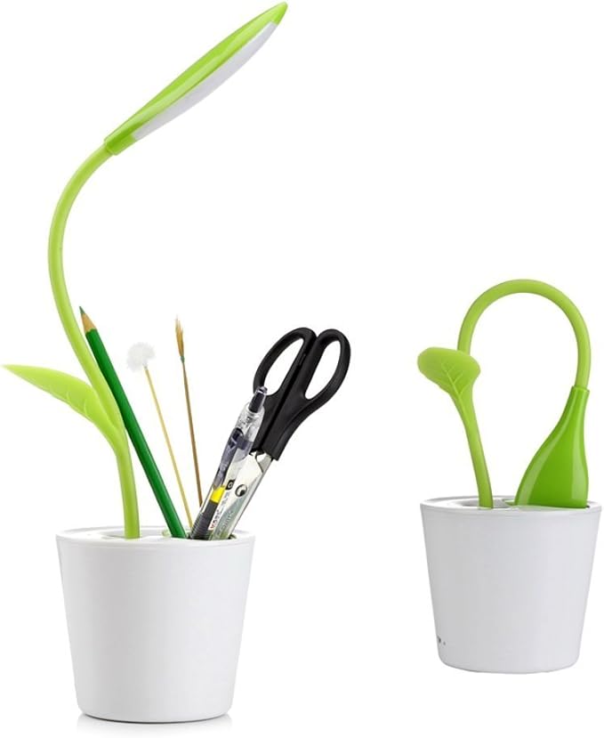 Flexible USB Touch Desk Lamp, Flexible Neck LED Desk Lamp 3 Level of Brightness Sapling Pot with Plant Pencil Holder for Office Study Reading (Dark Green)