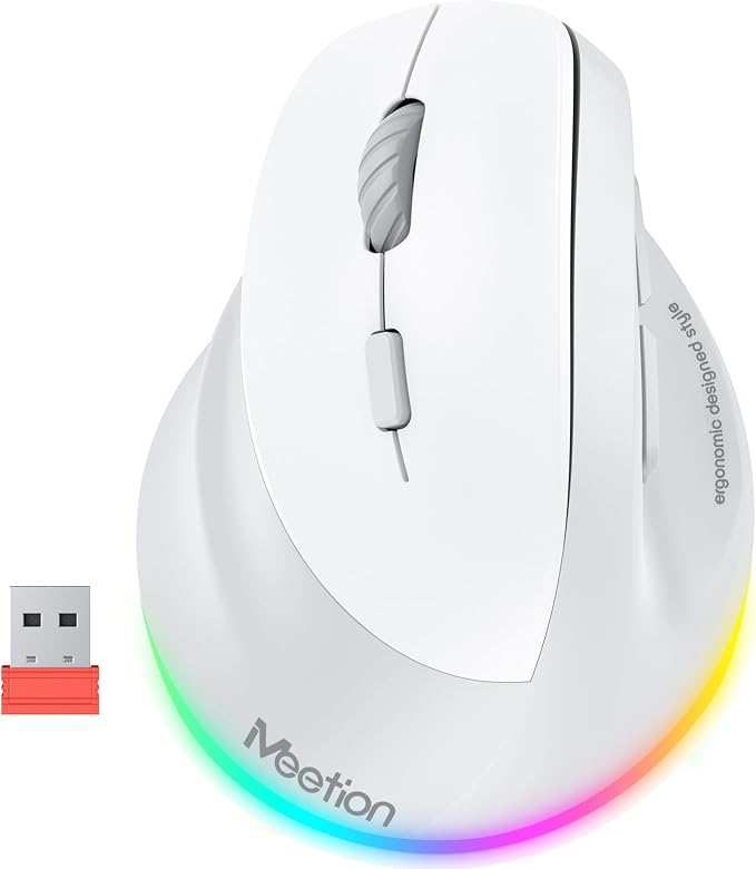 MEETION Left-Handed Ergonomic Wireless Vertical Mouse with RGB, Bluetooth (5.2 + 3.0) & 2.4G USB, 4 Adjustable DPI for Mac/Windows/PC/Tablet/iPad, Gray