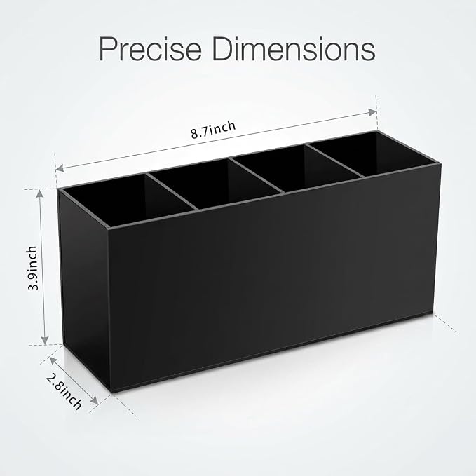 4 Compartment Black Acrylic Pen Holder for Desk, Large Desktop Organizer & Pencil Cup, Makeup Brush Holder for Countertop, Multi-functional Pen Pencil Brushes Holders Caddy (Opaque Black)