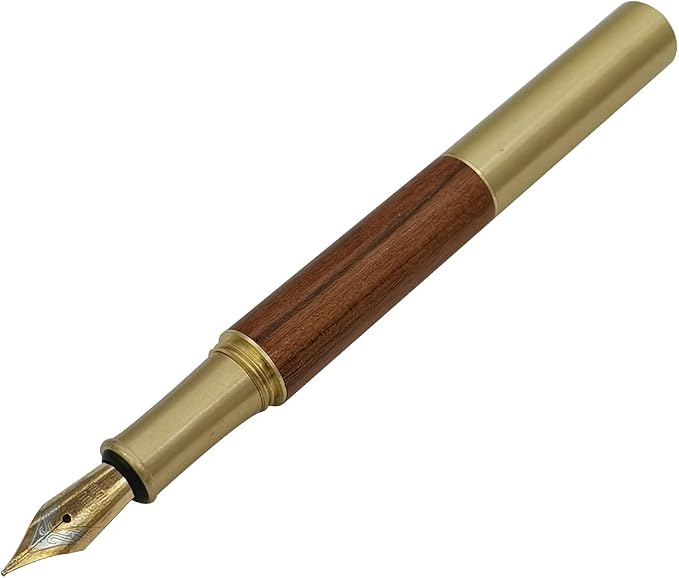 Handcrafted Brass Wooden Fountain Pen Short Paragraph (85mm) Pocket Mini Travel Pen with 20 Pcs Black Ink Cartridges, Brown Stripes