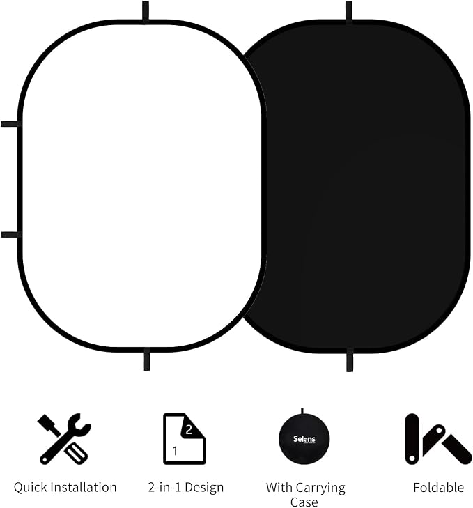 Selens Black White Backdrop 59x78.7inches Pop Up Collapsible Background with Carrying Bag for YouTube Streaming Photo Studio Portrait Indoor Photography Foldable Pop Out Panel Reversible Backdrop