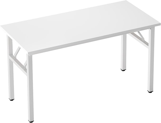 SogesHome Folding Computer Desk 54.3 Inch, No Assembly Needed Home Office Desk, Space Saving Foldable Writing Table with Adjustable Leg Pads, Compact Workstation for Apartment Dorm Study, White