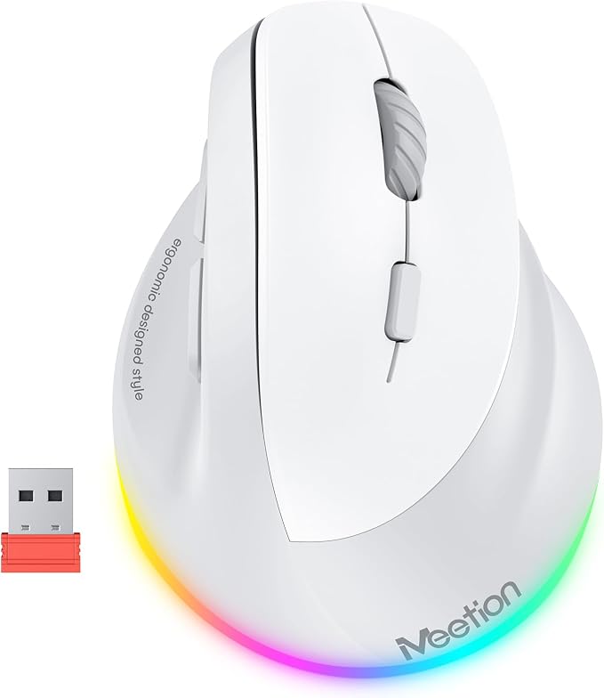 MEETION Ergonomic Mouse, Wireless Vertical Mouse RGB Backlit Rechargeable Mice for Bluetooth(5.2 + 3.0) & USB, 4 Adjustable DPI Mac/Windows/Andriod/Tablet/iPad Gray