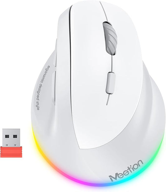 MEETION Ergonomic Mouse, Wireless Vertical Mouse RGB Backlit Rechargeable Mice for Bluetooth(5.2 + 3.0) & USB, 4 Adjustable DPI Mac/Windows/Andriod/Tablet/iPad Gray