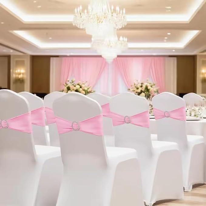 Tvoip 10PCS Chair Cover Stretch Band with Buckle Slider Sashes Bow Wedding Banquet Chair Decoration (Pink)