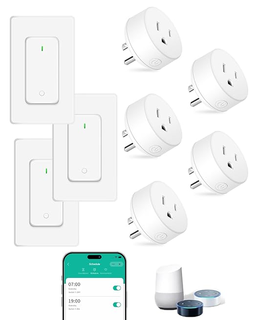 NineLeaf Smart Plug, WiFi Smart Plugs Work with Alexa and Google Home via Tuya, Wireless Outlet Timer with APP Remote Control, 2.4GHz Wi-Fi Only, No Hub Required, TUV FCC Listed (5 outlets+3 switches)