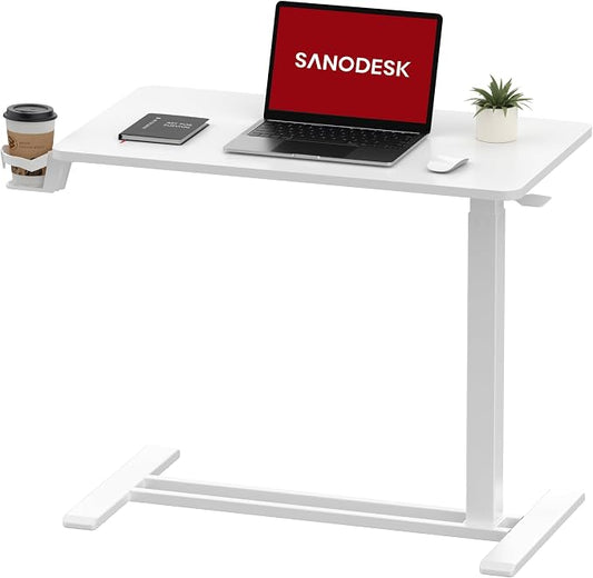 SANODESK 28''Mobile Standing Desk with Hidden Wheels,Pneumatic Laptop Desk | Sofa Computer Cart Movable Height Adjustable Table Small Sit Stand Desk for Home Office Hospital Use,27.6" W x 15.7" D,White