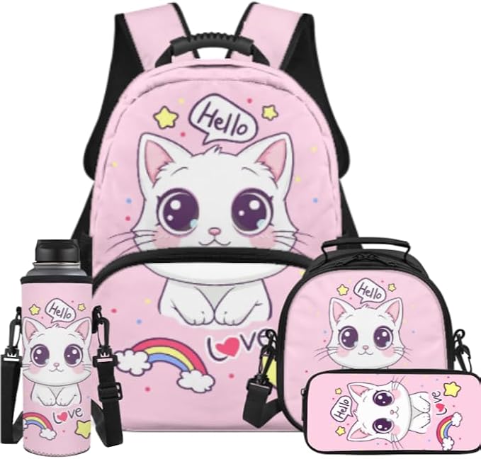 Ystardream Kids School Backpack for Girls Cute Cat Backpack with Lunch Box Pencil Case Water Bottle Sleeve for Girls 8-10 Teens Kids Bookbag Elementary Middle University School Bag 4 in 1