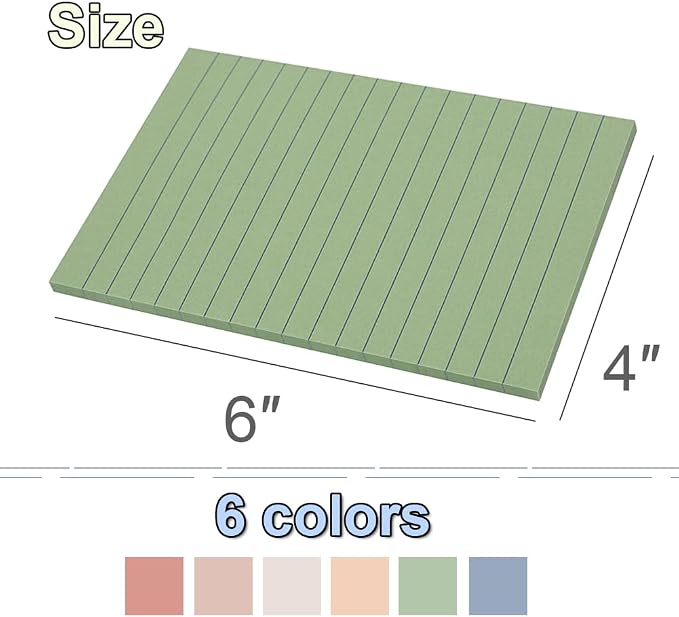 Kozerite (6 Pack) Lined Sticky Notes 4x6 in,Large Notepads with Lines,Ruled Stickies Super Sticking Power,Office School Memo Note Pads Vintage Colors,Post on Windows Doors,Recyclable,Easy to write on