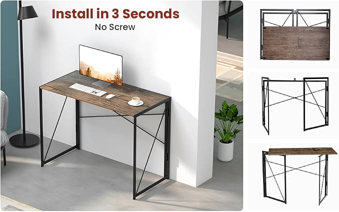 Garden Elements Modern Small Folding Computer Desk, Portable, Space-Saving Home Office Desk with Sturdy Metal Frame, Brown, 39"
