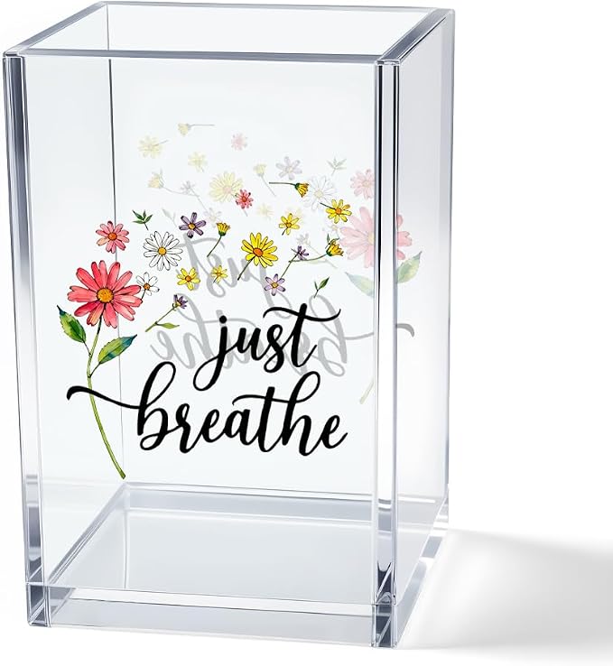 Just Breathe Acrylic Cosmetic Pencil Pen Holder Cup, Inspirational Dandelion Desk Organizer Accessories for Home Office Decor, Encouragement Gifts for Women Girl Coworker Daughter Yoga Teacher