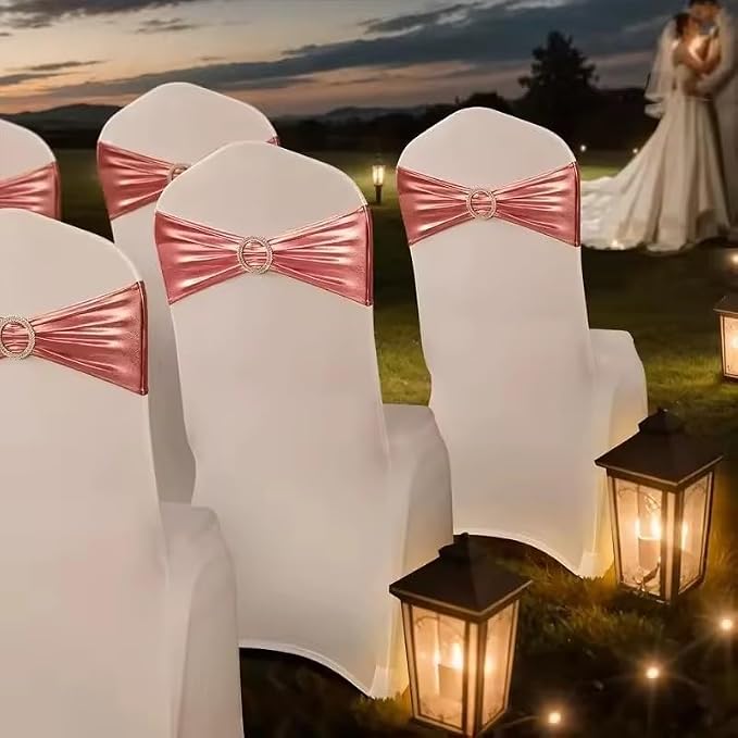 Tvoip 10PCS Chair Cover Stretch Band with Buckle Slider Sashes Bow Wedding Banquet Chair Decoration (Metallic Pink)
