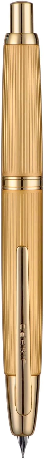 Jinhao 10 Press Fountain Pen with Box, Brushed Matt Gold Retractable Medium Nib with Ink Converter Set (Golden Clip)