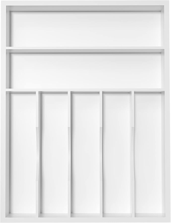 Utensil Organizer Silverware Drawer Organizer - 7 Slots Bamboo Cutlery Organizer Multi-Purpose Silverware Divider for Kitchen Flatware, Hair Accessories, Repair Tools, Art Set W13”x L17” (White)
