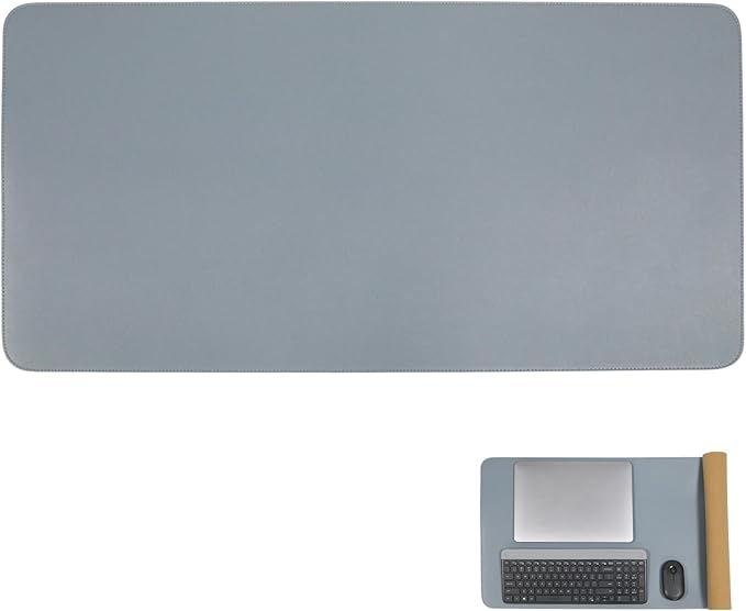 Large Double Sided Desk Mat 31.5" x 15.7" PU Leather Cork Mouse Pad | Large Blue Overlocked Edge Desk Pad Protector for Office Home Gaming Laptop Vanity, Overlocked with Matching Thread