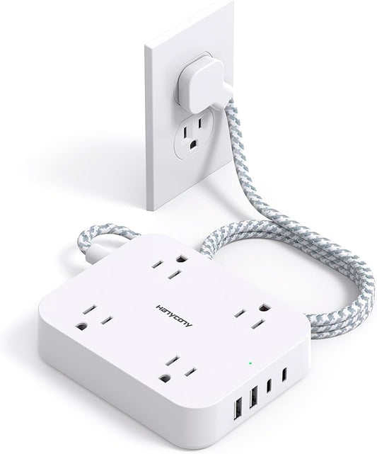 Flat Plug Extension Cord, HANYCONY 5ft Power Strip with 4 USB Ports(2 USB C), 4 Widely Outlets Extender, Wall Mount, Desk Charging Station for Office School Travel Dorm Room Essentials, ETL Listed
