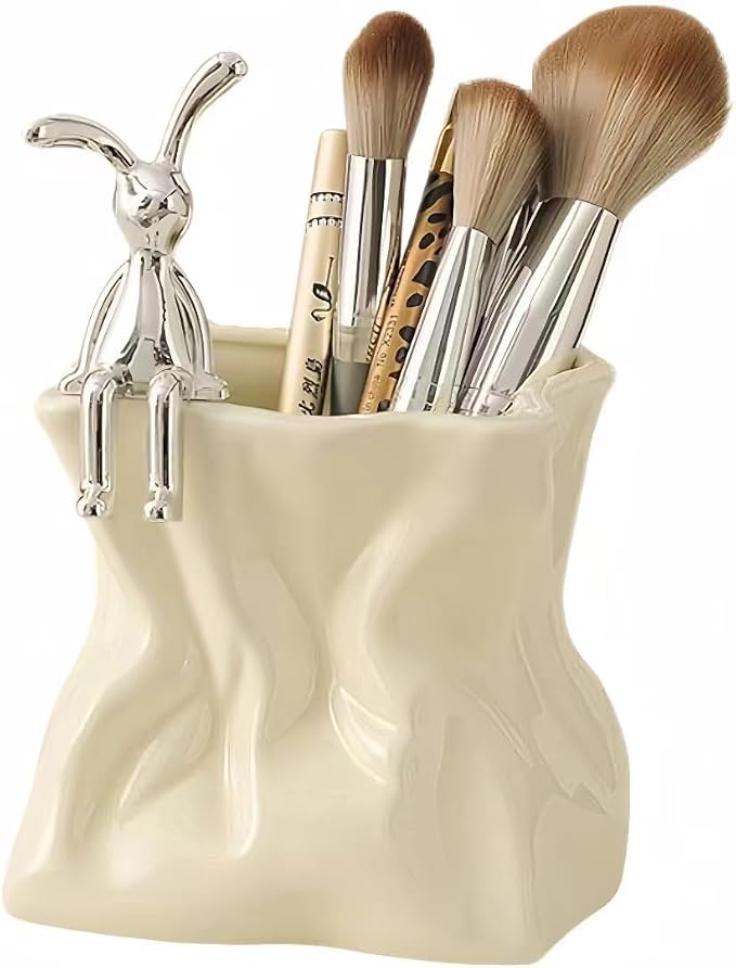 Irregular Aesthetic Pen Holder for Desk Bunny Designer Cute Office Supplies Cubicle Decor Kawaii Workspace Accessories Boho Makeup Organizer Pencil Cup Caddy for Home Office (Yellow B)