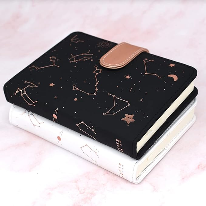 A6 Undated Daily Planner Starry Sky Journal Monthly & Daily Planner Small Diary Agenda, Self-filling Date, Soft Pu Leather Cover, Size 64K 4.1''x5.5'', Black+White