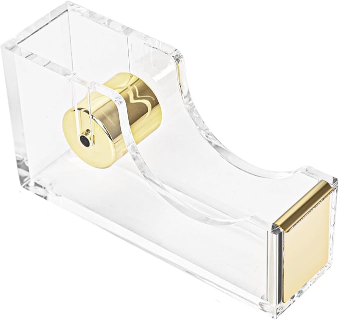 Gold Tape Dispenser, Clear Acrylic Desk Tape dispensers with Serrated Metal Edge, Modern Aesthetic Office & Craft Tape Organizer for Gift Wrapping, 1 Inch Core, Non-Slip Weighted Base