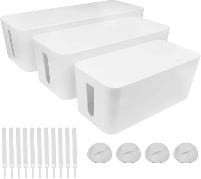 DUNCHATY Cable Management Box 3 Pack - Cord Organizer Box for Desk TV Computer - Large Medium Small Power Strip Cover & Wire Hider - Child & Pet Safe ABS Cord Box with Cable Ties - White
