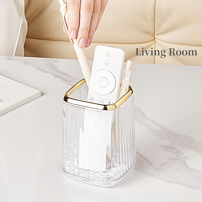 Acrylic Pen Holder, Cute Clear Desk Organizer for Pencils, Makeup Brushes Toothbrushes Storage Cup with Striped Design for Vanity Bathroom