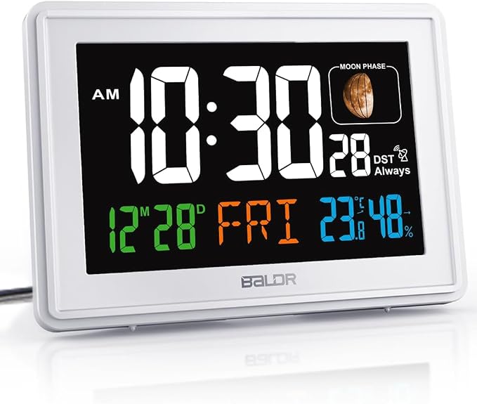 Baldr Digital Alarm Atomic Clock, 7'' Display with Adjustable Brightness | Large Desk Clock Indoor Temperature, Humidity & Moon Phase for Living Room Bedroom, Adapter Powered, White