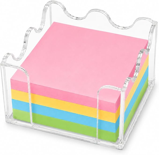 3x3 Inch Scalloped Acrylic Sticky Note Holder, Clear Cute Post It Note Dispenser, Notepad Holder with Wave Design, Thick Acrylic Desk Organizer for Office, Home, Dorm, Classroom (Crystal Clear)