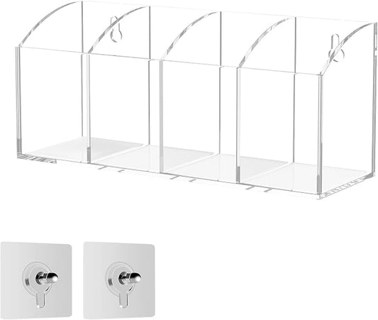 Acrylic Pen Holder Organizer 4 Compartments, Clear Makeup Brush Holder, No Drill Wall Mounting Pencil Holder for Office Accessories