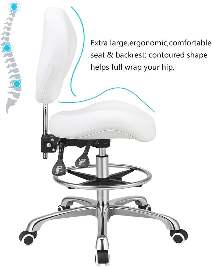 Kaleurrier Adjustable Height Drafting Stool Drafting Chair with Backrest & Foot Rest,Swivel Rolling Stools for Work Studio Dental Office Salon Kitchen Counter Tall Home Desk Chairs (White)
