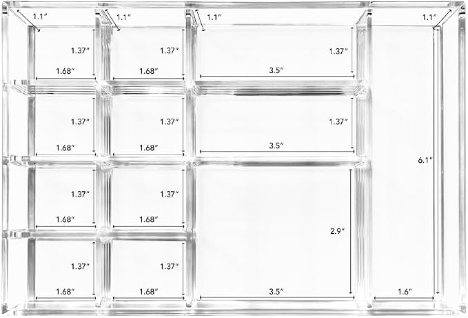 Isaac Jacobs 12-Compartment Clear Acrylic Drawer Organizer - 9.4"x6.4"x1.3" | Drawer Organizer (9.4" L x 6.4" W x 1.3" H), Multi-Sectional Storage Solution for Makeup, Office Supplies, Bathroom, Kitchen