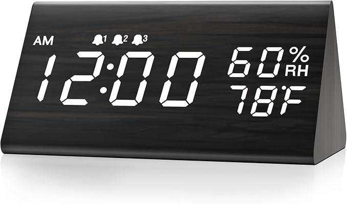 JALL Wooden Digital Alarm Clock for Bedrooms and Office, 3 Alarms with Big Digits, Humidity and Temperature Display, 6-Level Dimmer, Snooze, Loud Desk Clock for Heavy Sleepers, Plug in (Black)