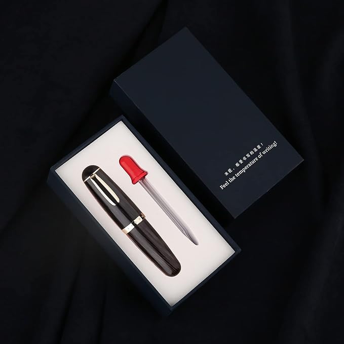 Lanxivi Majohn Q1 Fountain Pen Fine Point Black Solid Wood, Eyedropper Filling Pocket Pen Large Capacity