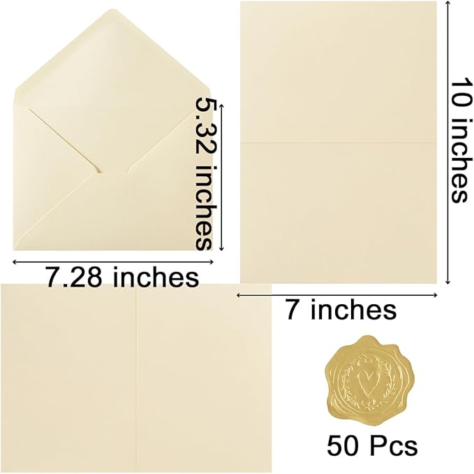 50 Pack Cream A7 Envelopes with Cards and Gold Stickers, 5x7 | With Thick Folded Cardstock, For Greeting Cards, Wedding, Birthday, Invitations, Baby Showers
