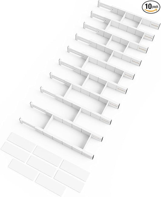 SpaceAid Bamboo Drawer Dividers with Inserts and Labels, Kitchen Adjustable Drawer Organizers, Expandable Organization for Home, Office, Dressers, 10 Dividers with 24 Inserts (17"-22" White)