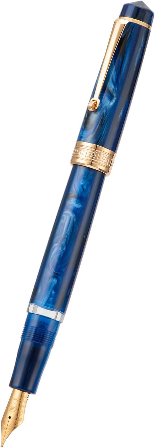 Asvine P20 Piston Fountain Pen Galaxy Blue Resin, Iridium Medium Nib Gold Trim Smooth Writer Collection with Case Set