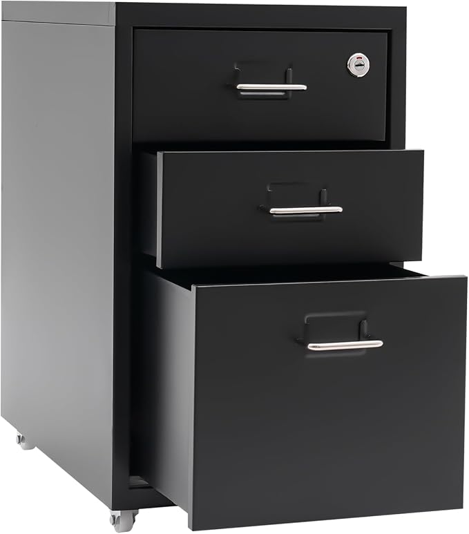 3 Drawer File Cabinet with Lock, Freestanding Filing Metal Drawers Organizer Vertical Metal Rolling Organizer Movable Under Desk Cabinet with Wheels for Home Office Living Room Study (3 Tiers Black)