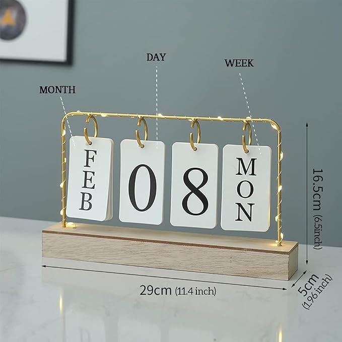 AUSTUFF Flip Wooden Perpetual Calendar Decor Gold Metal Stand with Light | Paper Monthly Daily Calendar For Daily Office Home Decor Reusable Office Accessory
