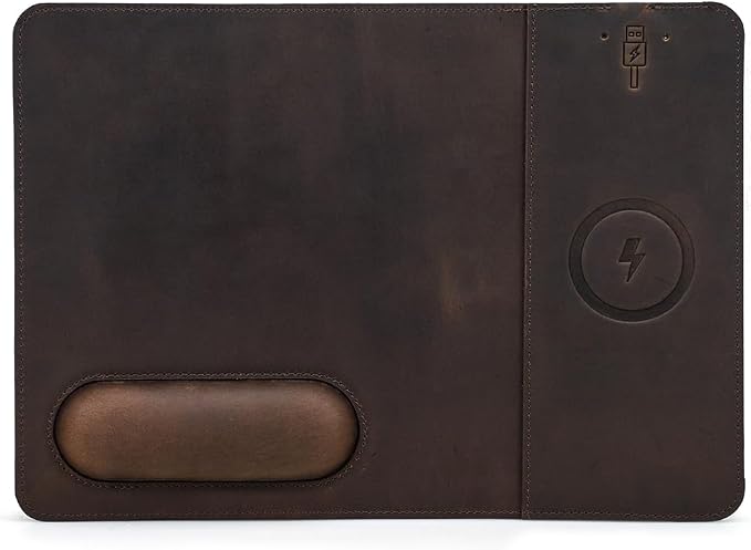 Hiram Premium Crazy Horse Leather Mouse Pad with 15W Wireless Charging - Ergonomic Wrist Rest, Waterproof, and High-End Cowhide Touch(12in x 9in)