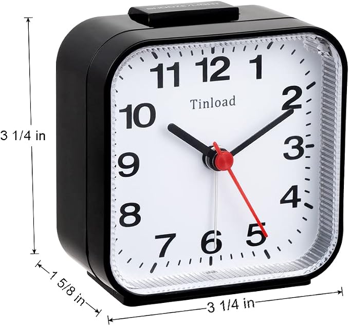 Tinload Small Battery Analog Alarm Clock Silent Non Ticking, Ascending Beep Sounds, Snooze,Light Functions (Black-B)