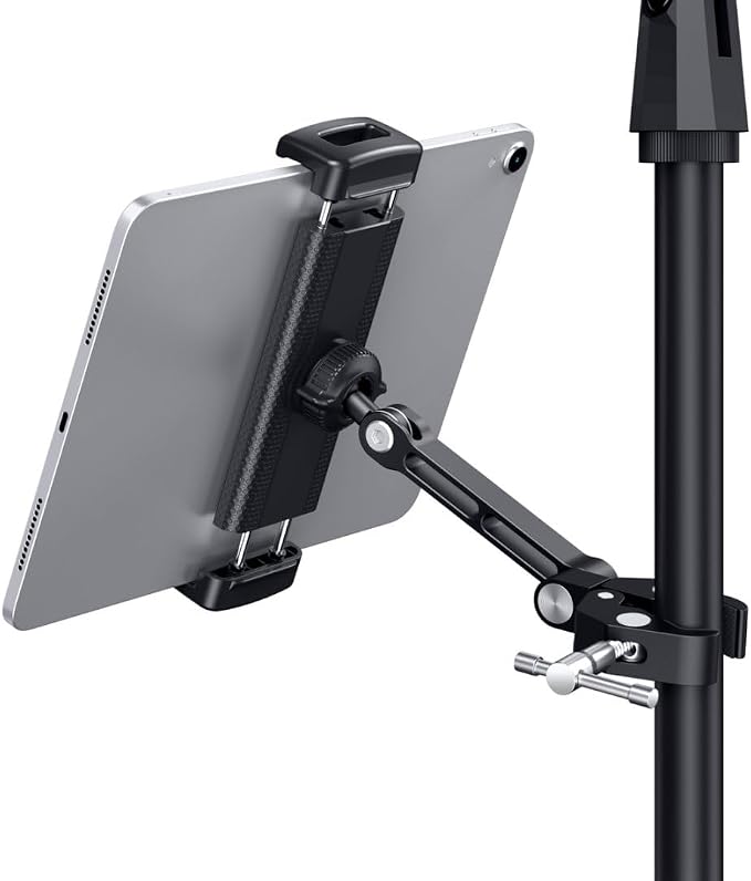 CreaDream Tablet Holder for Microphone Stand, Aluminum Mic Music Stand Holder Mount for Phone and iPad, Adjustable Tablet Holder Compatible with Devices from 4.7 to 13 inch Tablets & Smartphones