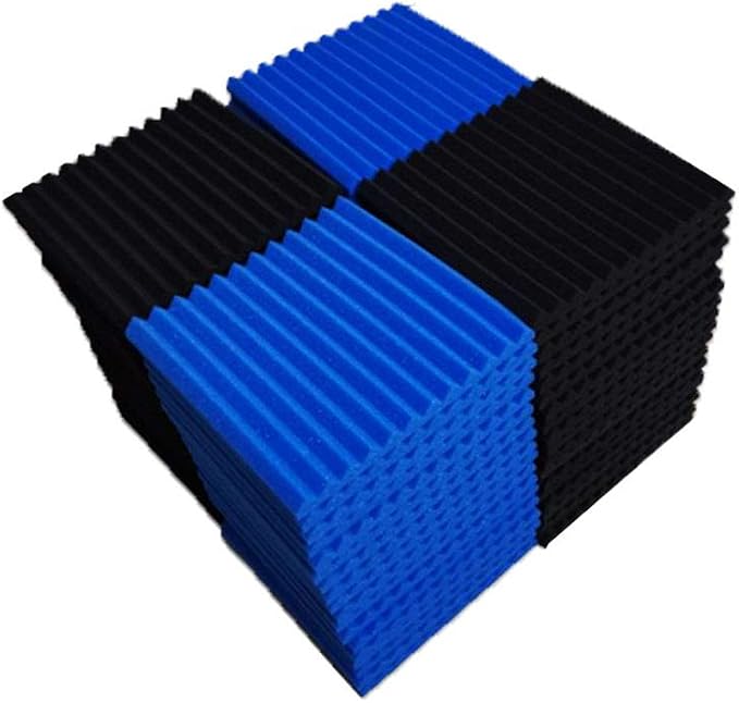 Burdurry 50 Pack Acoustic Panels Soundproof Studio Foam for Walls Sound Absorbing Panels Sound Insulation Panels Wedge for Home Studio Ceiling, 1" X 12" X 12" (Black&Blue)