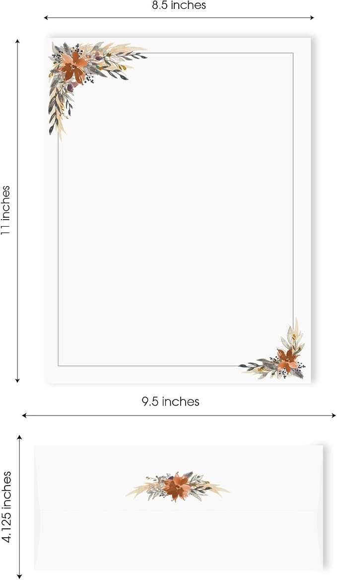 Indie Autumn Floral Letterhead With Envelopes / 40 Decorative Boho Fall Botanical Sheets With Matching Envelopes / 8.5" x 11" Rustic Watercolor Feathers Foliage Paper/All Occasion Design