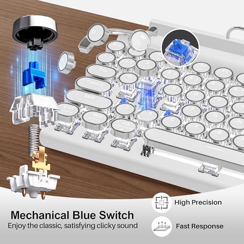 Retro Typewriter Wireless Mechanical Gaming Keyboard, Bluetooth 5.0 Office Computer Vintage Keyboards 83-Key Blue Switches Punk Round Keycap, LED Backlight, White